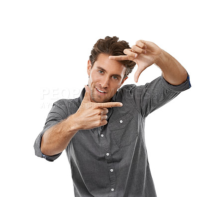 Buy stock photo Portrait of a handsome young man framing you in his fingers