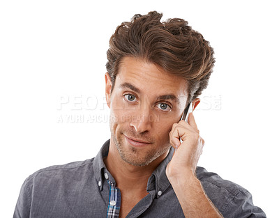 Buy stock photo Business man, phone call and portrait in studio for communication, consulting or chat to contact on white background. Face of worker listening to mobile conversation, feedback or advice of connection
