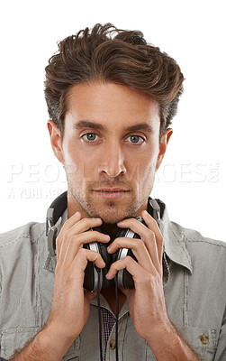 Buy stock photo Man, music headphones and serious portrait in studio for audio subscription, streaming multimedia or radio on white background. Face of model listening to podcast, hearing sound and playlist of album