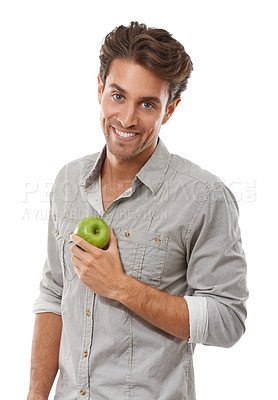 Buy stock photo Portrait, smile and man with apple, food and healthy diet isolated on a white background in studio. Face, happy person and green fruit for nutrition, vegan and wellness benefits, vitamin c or organic