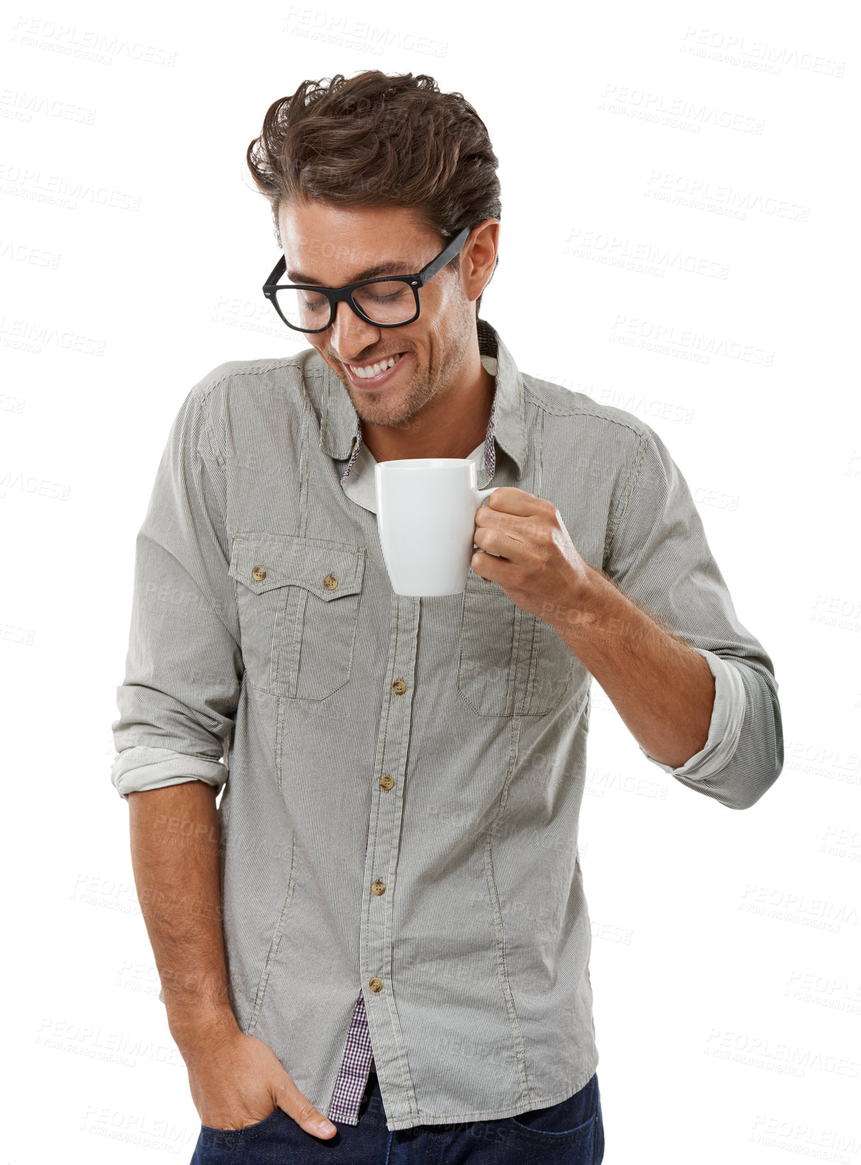Buy stock photo Man, coffee and happy in studio, fashion and glasses with laughing with ideas by white background. Geek guy, model and person with smile for tea cup, latte or espresso with thinking in trendy clothes