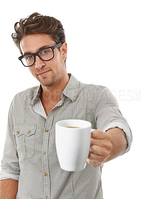Buy stock photo Man, portrait and coffee drink in studio for caffeine beverage, company morning for motivation, espresso or white background. Male person, model and face with mug as latte, cappuccino or mockup space
