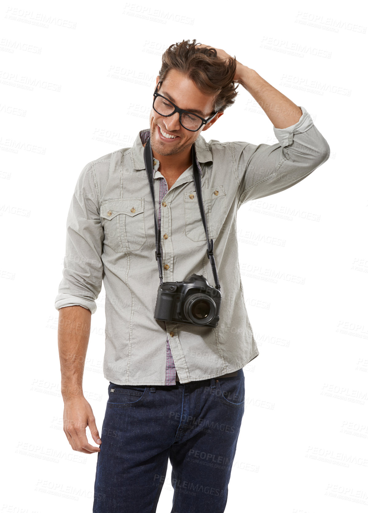 Buy stock photo Smile, man and photographer with camera on neck in studio isolated on a white background. Happy person in glasses, creative paparazzi and hobby for fashion, style or thinking model on mockup space