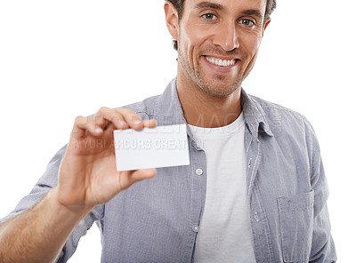 Buy stock photo Portrait, smile and man with business card, mockup space and advertising isolated on a white studio background. Face, happy person and paper for promotion, information and commercial sign or offer