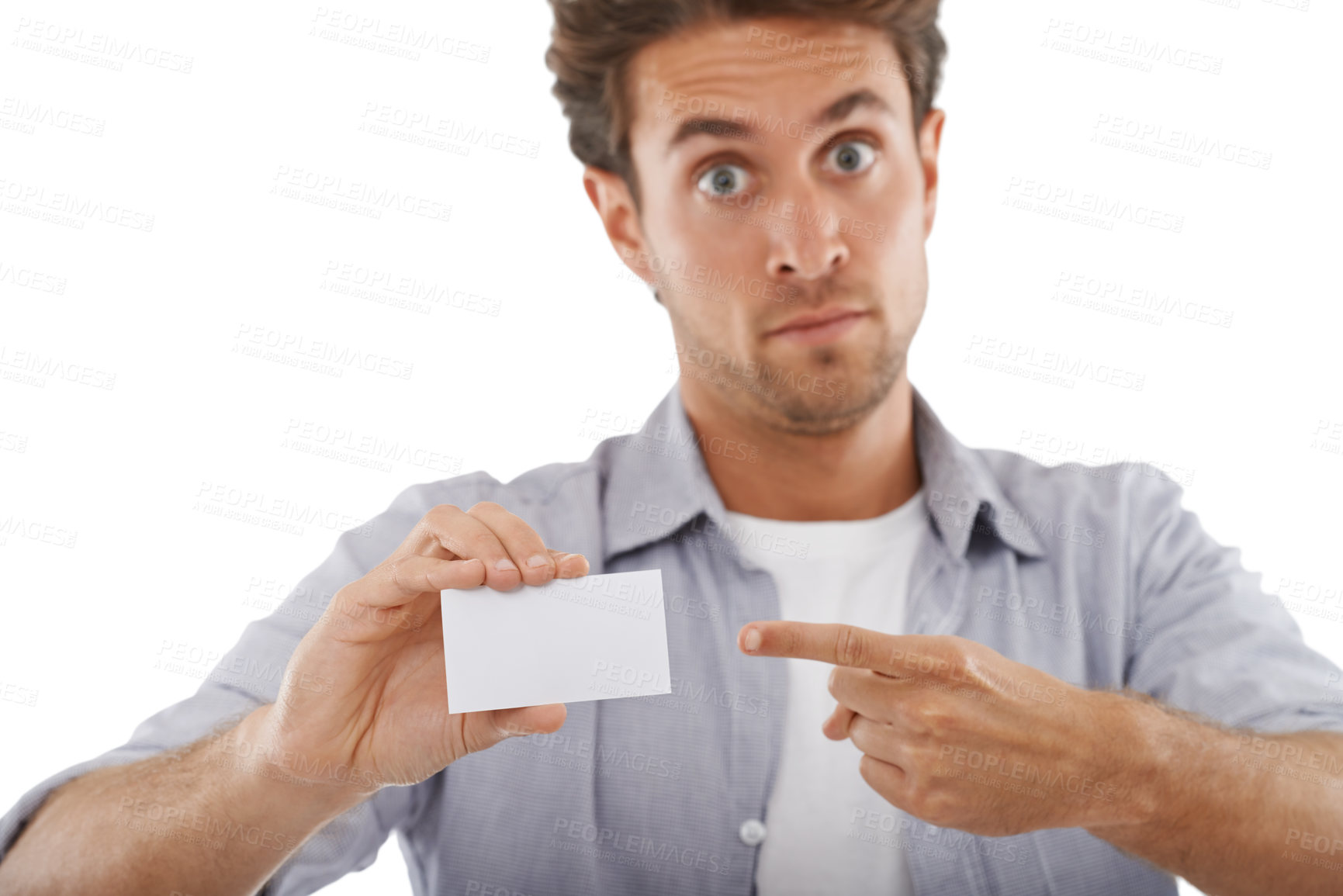 Buy stock photo Portrait, surprise and man pointing at card, mockup and advertising space isolated on a white studio background. Face, shock and show blank paper for promo, info or commercial, marketing or hand sign