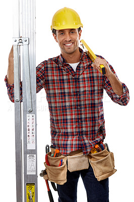 Buy stock photo Handyman, portrait and maintenance worker with man, construction and employee with ladder and helmet for safety. Construction worker, tools and happy man with contractor against white background