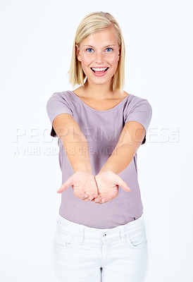 Buy stock photo Portrait, product and open hands with a model woman in studio isolated on a white background for marketing. Hands, advertising and brand with a female posing on blank branding space for a logo