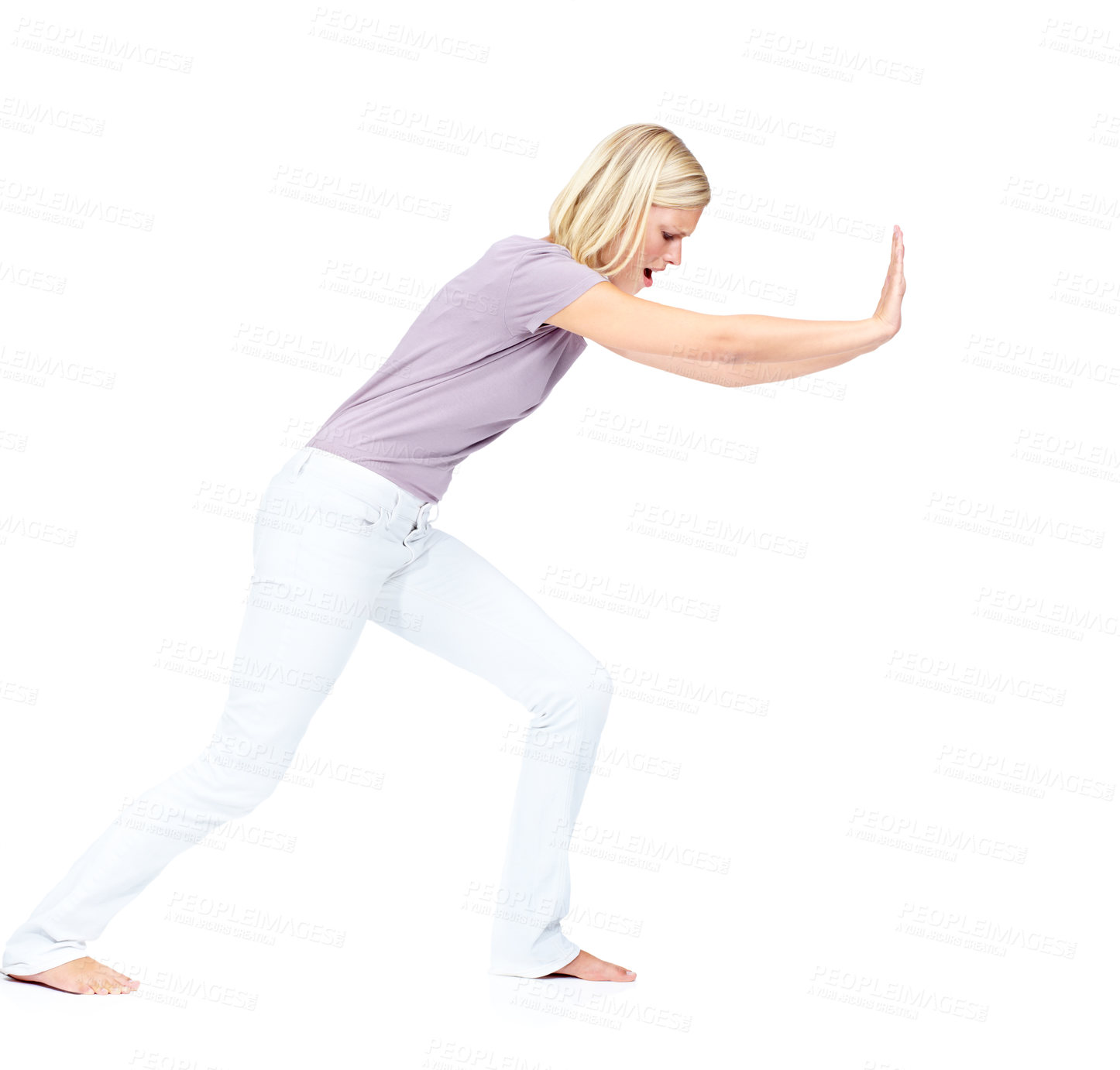 Buy stock photo White background, studio and woman push obstacle for marketing, advertising and mockup for moving. Challenge, weight and isolated profile of beautiful girl pushing wall, heavy object and move forward