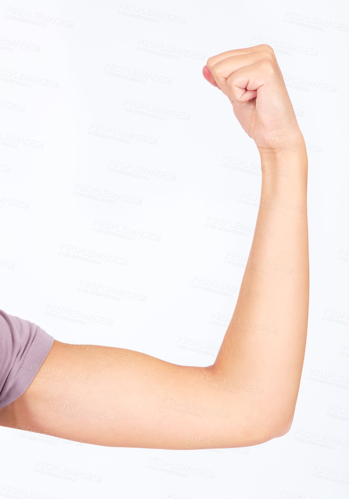 Buy stock photo Woman, arm or flexing muscle on studio background for female empowerment, human rights or gender equality. Zoom, model or strong bicep in power, motivation or freedom strength fist on mockup backdrop