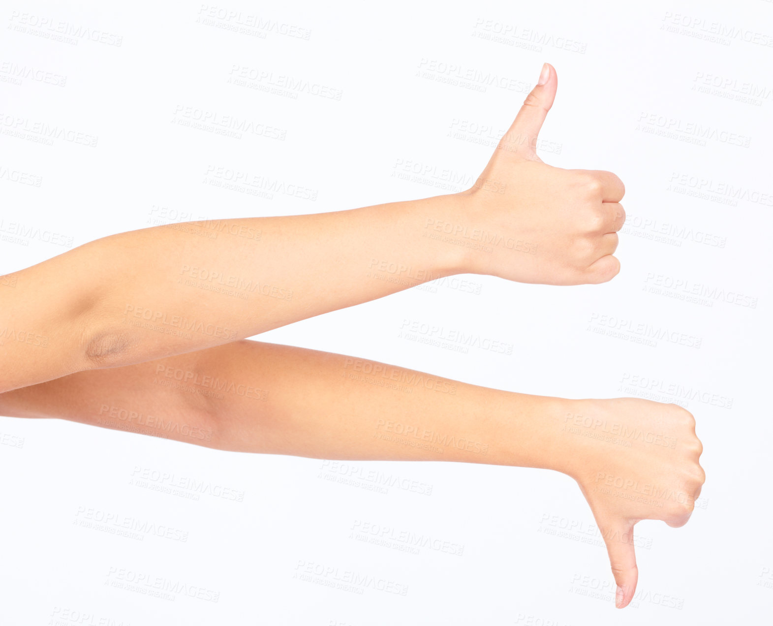 Buy stock photo Hands, thumbs up and thumbs down in yes or no gesture for vote, poll or social media likes on white background. Sign language, finger or hand sign in agreement or disagreement for ASL website review.