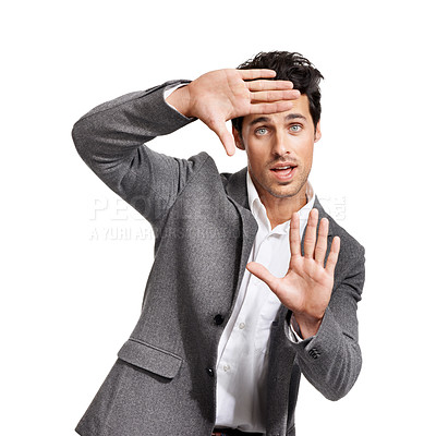Buy stock photo Hands, selfie frame and portrait of business man in studio for photography on white background. Finger, border and face of male entrepreneur with social media, profile picture or screenshot of memory