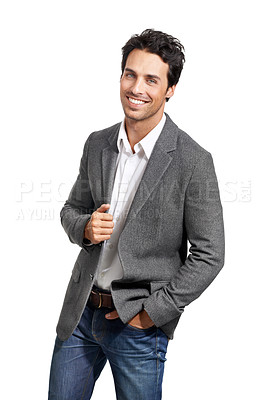 Buy stock photo Portrait of a handsome young man standing with his hand in his pocket