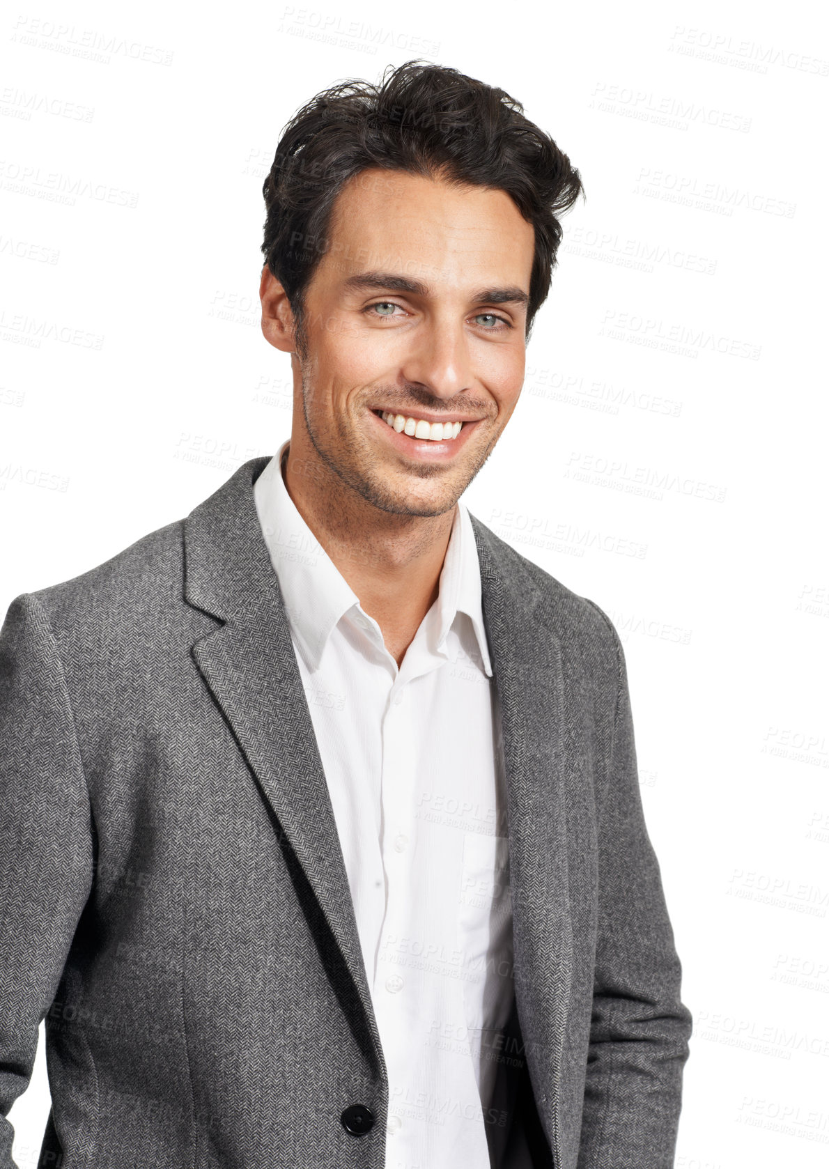 Buy stock photo Portrait, happy or business man in studio with positive mindset, attitude or good mood on white background. Face, smile or male lawyer cheerful for new job, first day or career choice at a law firm
