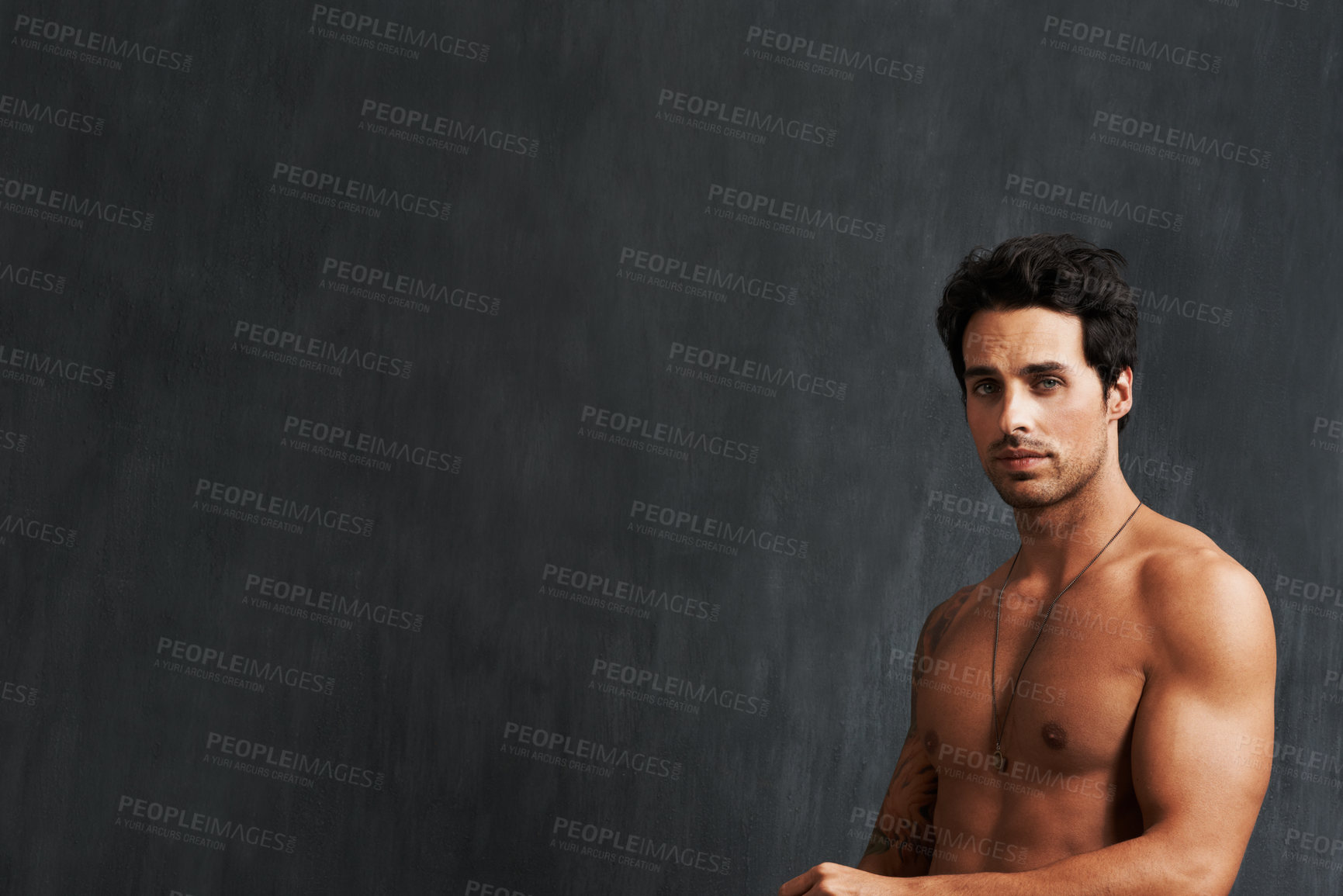 Buy stock photo Portrait, fitness model and man shirtless, strong and muscular results from strength training, body building and workout. Bodybuilder, chalkboard mockup space and studio person on black background