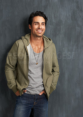 Buy stock photo Fashion, thinking and man on gray background happy with trendy style, clothes and casual outfit. Smile, handsome and person looking on studio wall with confidence, pride and positive attitude