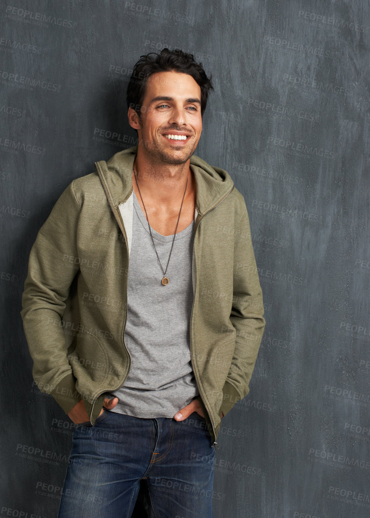 Buy stock photo Fashion, thinking and man on gray background happy with trendy style, clothes and casual outfit. Smile, handsome and person looking on studio wall with confidence, pride and positive attitude