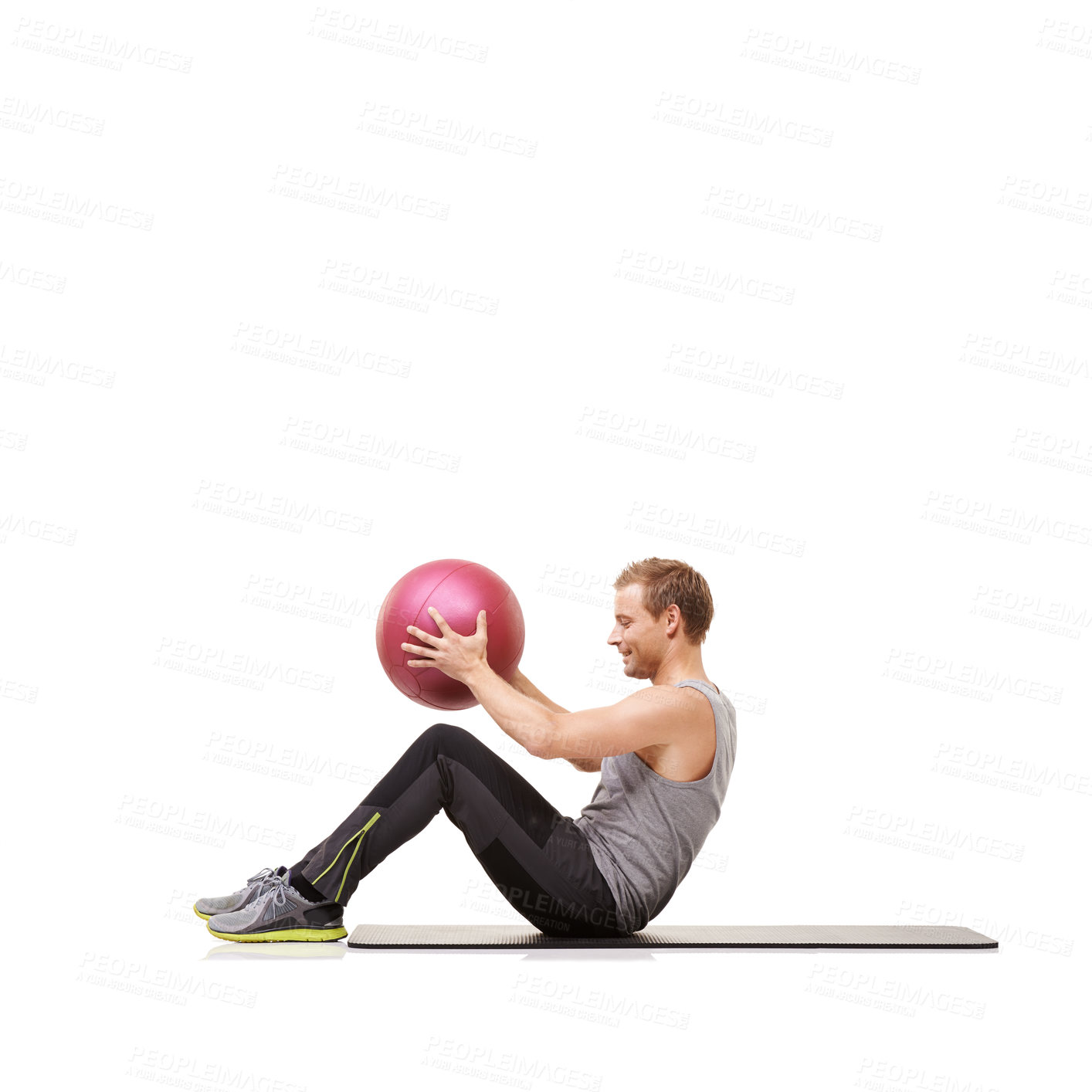 Buy stock photo Man, medicine ball and sit up for training workout in studio on white background for mockup space, healthy or strength. Male person, sports equipment and exercise mat, target muscle abs or wellness