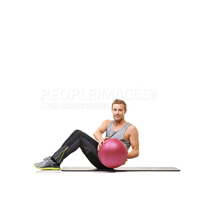 Buy stock photo Man, portrait and medicine ball for training workout in studio on white background for mockup, healthy or strong. Male person, face and sports equipment or exercise mat, target muscle abs or wellness