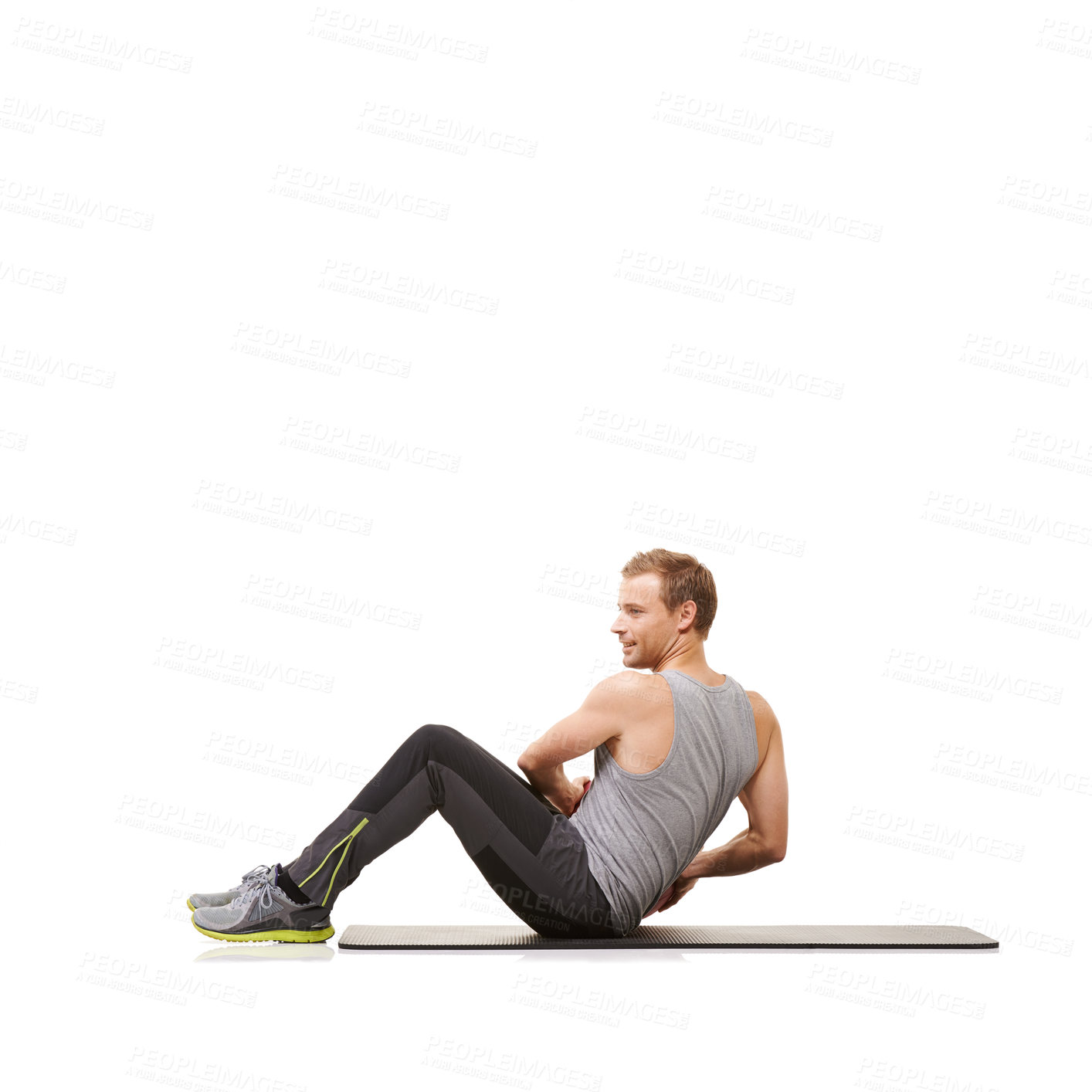 Buy stock photo Man, medicine ball and twist on mat for training exercise in studio on white background, fitness or workout strength. Male person, sports equipment and stomach abs challenge, wellness or mockup space