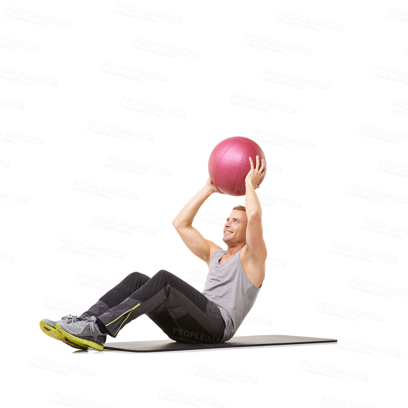 Buy stock photo Man, medicine ball and exercise mat for gym training in studio on white background, fitness or workout strength. Male person, sports equipment and stomach abs challenge, wellness goal or mockup space