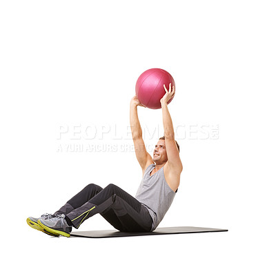 Buy stock photo Man, medicine ball and exercise sit up for gym training in studio on white background, fitness or workout strong. Male person, sports equipment and stomach abs challenge, wellness mat or mockup space