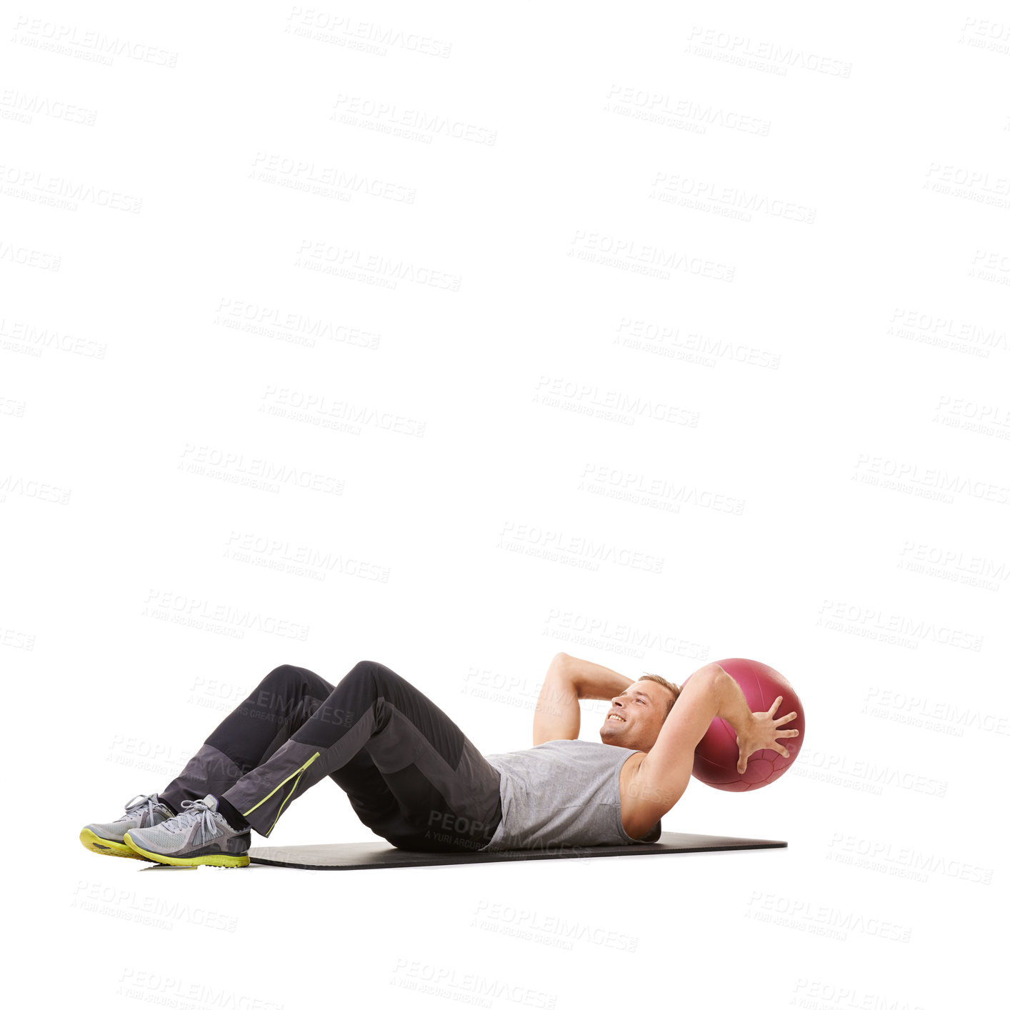 Buy stock photo Man, medicine ball and sit up for workout exercise in studio on white background for mockup space, healthy or strength. Male person, sports equipment and training mat, target abs muscle or wellness