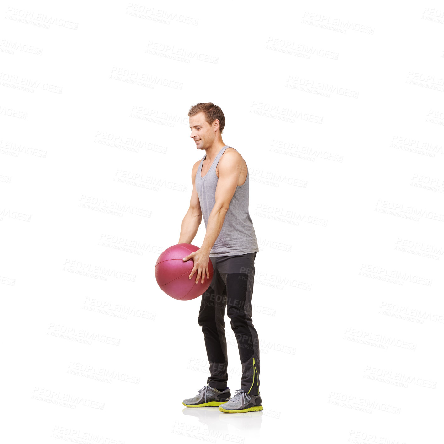Buy stock photo Man, medicine ball and gym training in studio for workout exercise, balance goal or white background. Male person, sports equipment and muscle fitness or mockup space for healthy, cardio or strong