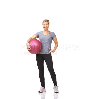 Buy stock photo Woman, portrait and medicine ball in studio or exercise workout, gym pilates or white background. Female person, face and equipment as balance fitness or mockup space for cardio, wellbeing or athlete