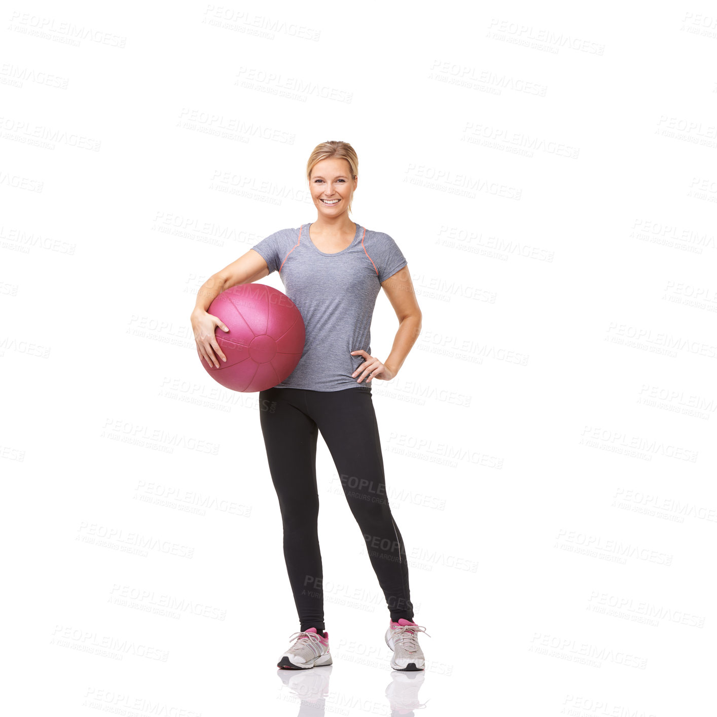 Buy stock photo Woman, portrait and medicine ball in studio or exercise workout, gym pilates or white background. Female person, face and equipment as balance fitness or mockup space for cardio, wellbeing or athlete