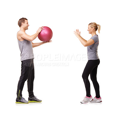 Buy stock photo Fitness, man and woman with medicine ball for coaching in exercise, body wellness and support. Sports workout, girl and personal trainer with sphere for balance, training and gym on white background.