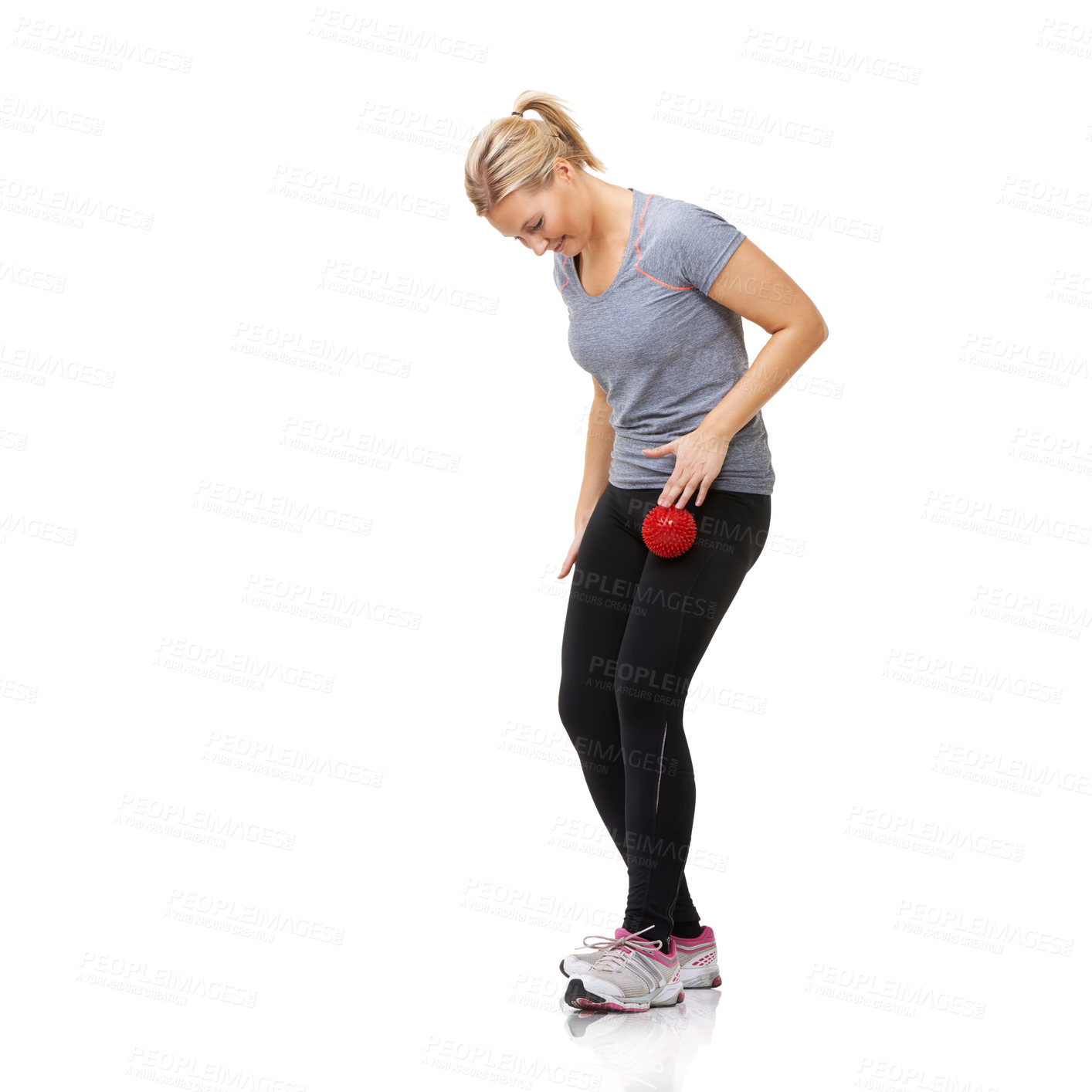 Buy stock photo Massage ball, woman and leg joint physio for fitness, workout and sport training injury in studio. Health, stretching and exercise equipment with female person and wellness with white background