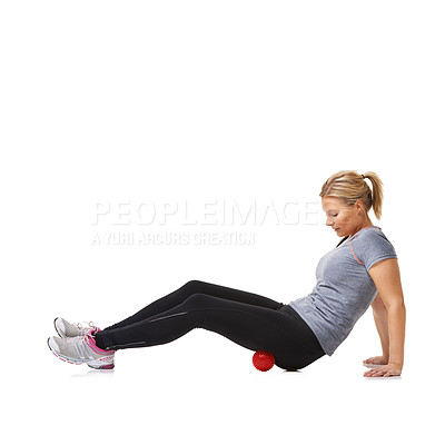 Buy stock photo Woman, massage ball and healing for wellness, injury and health or yoga by white background. Female person, athlete and physical therapy or rehabilitation for muscles in legs and body in mockup
