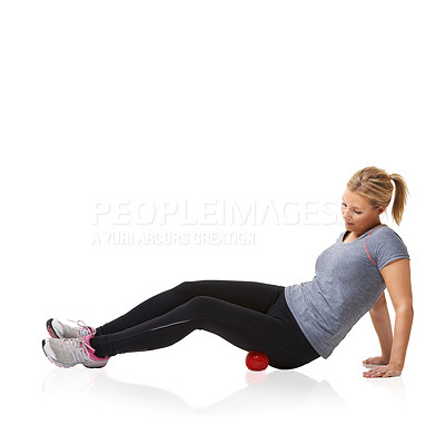 Buy stock photo Woman, massage ball and fitness in studio, injury and health or wellness by white background. Female person, athlete and physical therapy or rehabilitation for muscles in legs and body in mockup