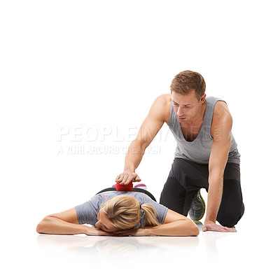 Buy stock photo Massage ball, back and physiotherapist and woman with a woman with sport, fitness and workout back injury. Physical therapy, man and wellness with health and helping with white background and studio