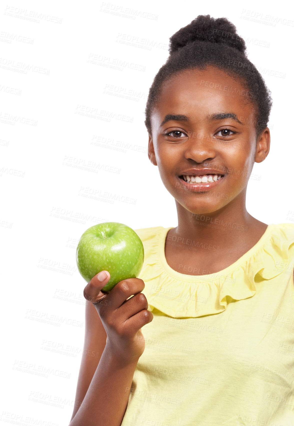 Buy stock photo Portrait, girl and kid with nutrition, apple and smile isolated on a white studio background. Face, African person and model with organic fruit, healthy snack and wellness with diet, happy and joy