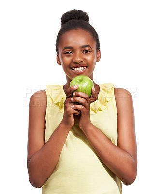Buy stock photo Youth, smile and health with portrait of girl and apple in studio for nutrition, wellness and diet. Food, self care and vitamin c with face of African student and fruit on white background for fiber 