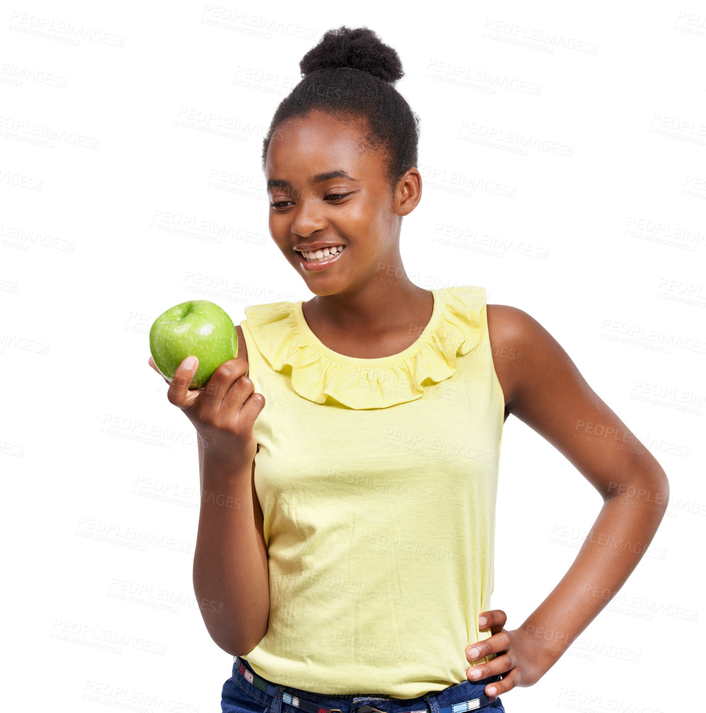 Buy stock photo Shot of a young african american girl holding an apple isolated on white