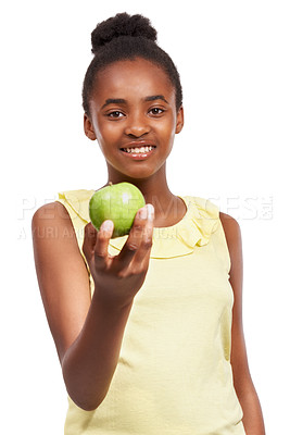 Buy stock photo Offer, nutrition and health with portrait of girl and apple in studio for smile, wellness and diet. Food, self care and vitamin c with face of African student and fruit on white background for fiber 