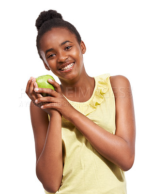 Buy stock photo Food, health with portrait of girl and apple in studio for nutrition, wellness and diet. Smile, self care and vitamin c with face of African person and fruit on white background for fiber mockup