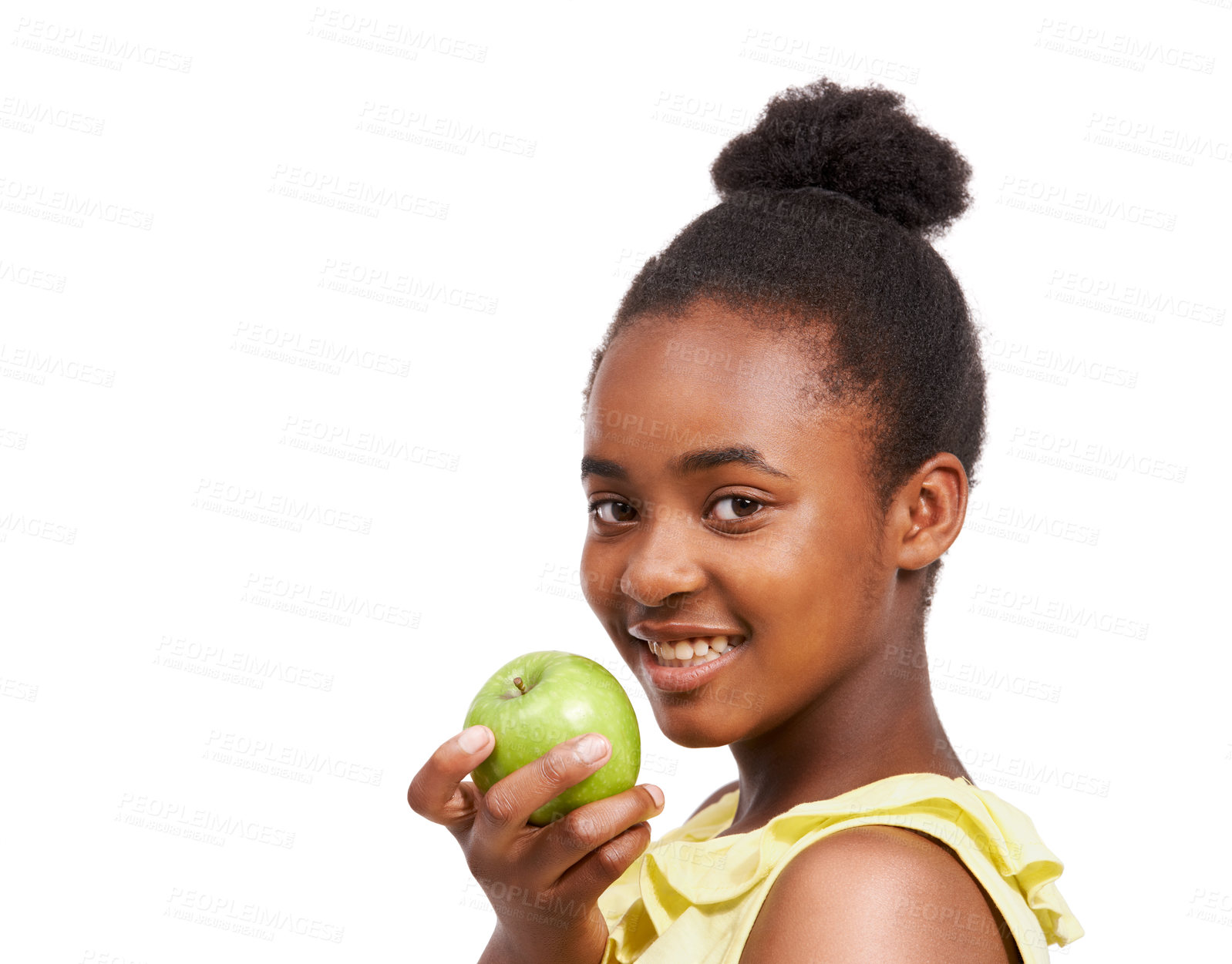 Buy stock photo Space, health and portrait of girl and apple in studio for nutrition, wellness and diet. Food, self care and vitamin c with face of African student and fruit on white background for fiber mockup