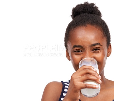 Buy stock photo Portrait, nutrition and black woman drinking milk, healthy diet or wellness isolated on white studio background. Face, African person or smile with a glass, calcium or organic dairy with mockup space