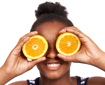 Buy stock photo Smile, child and fruit with girl and orange in studio for nutrition, wellness and diet. Food, self care and vitamin c with face of African person on white background for fiber, citrus and detox