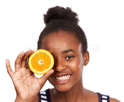 Buy stock photo Smile, child and cover with girl with orange in studio for nutrition, wellness and diet. Food, self care and vitamin c with African person and fruit on white background for teenager, citrus and detox