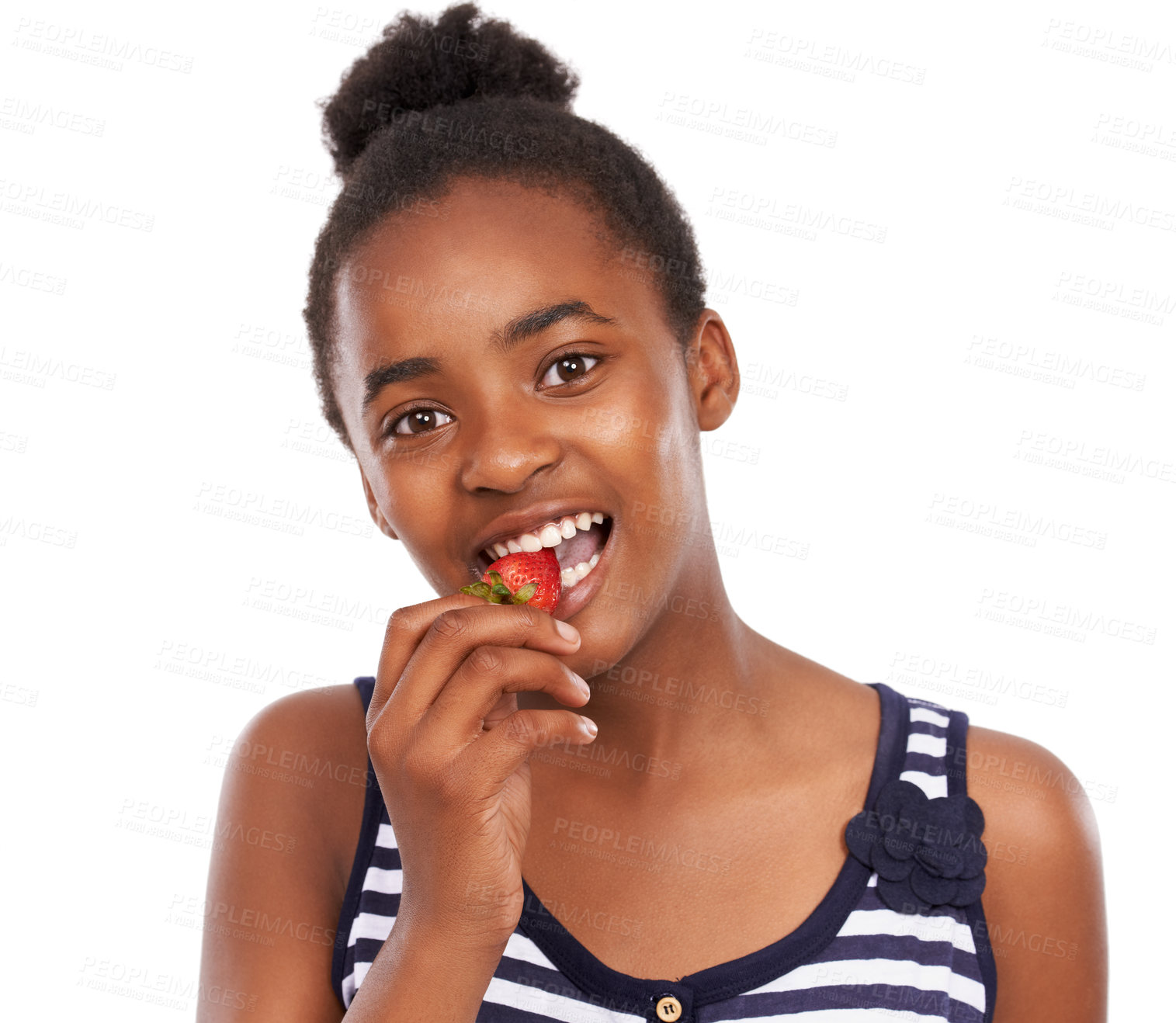 Buy stock photo Eating, health and portrait of girl and strawberry in studio for nutrition, wellness or diet. Food, self care and vitamin c with face of African student and fruit on white background for fiber mockup