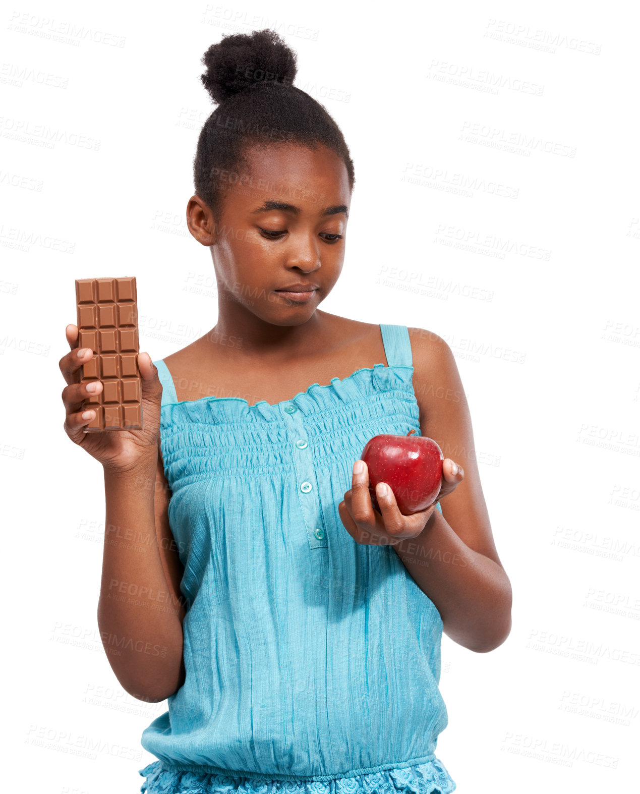 Buy stock photo Decision, black girl and apple with chocolate, choice and model isolated on a white studio background. African person, kid and child with fruit, cacao and sweet snack with mockup space or comparison