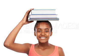 Buy stock photo Portrait, smile and black girl with books on her head, education and balance isolated on a white studio background. Face, African person and model with mockup space and learning with knowledge