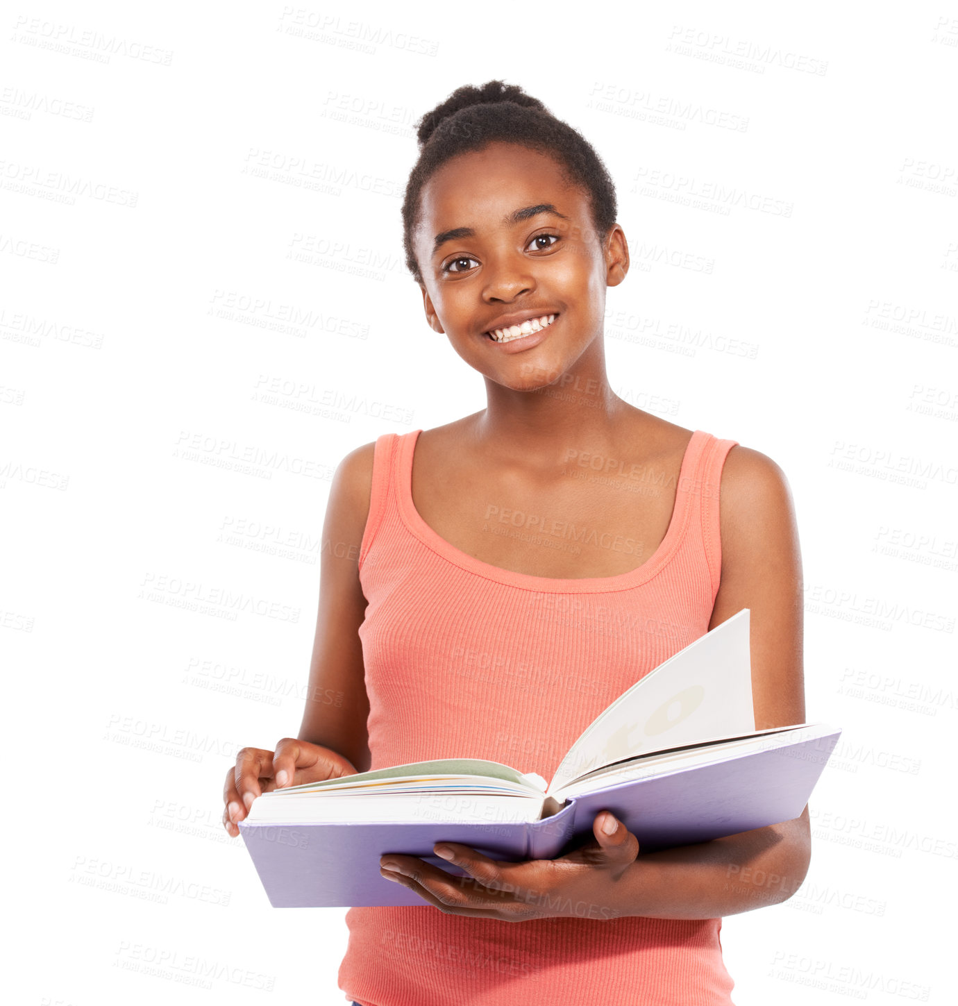 Buy stock photo Portrait, smile and black girl with a book, education and knowledge isolated on a white studio background. Face, African person or child with hobby, happy and teenager with info, student and learning