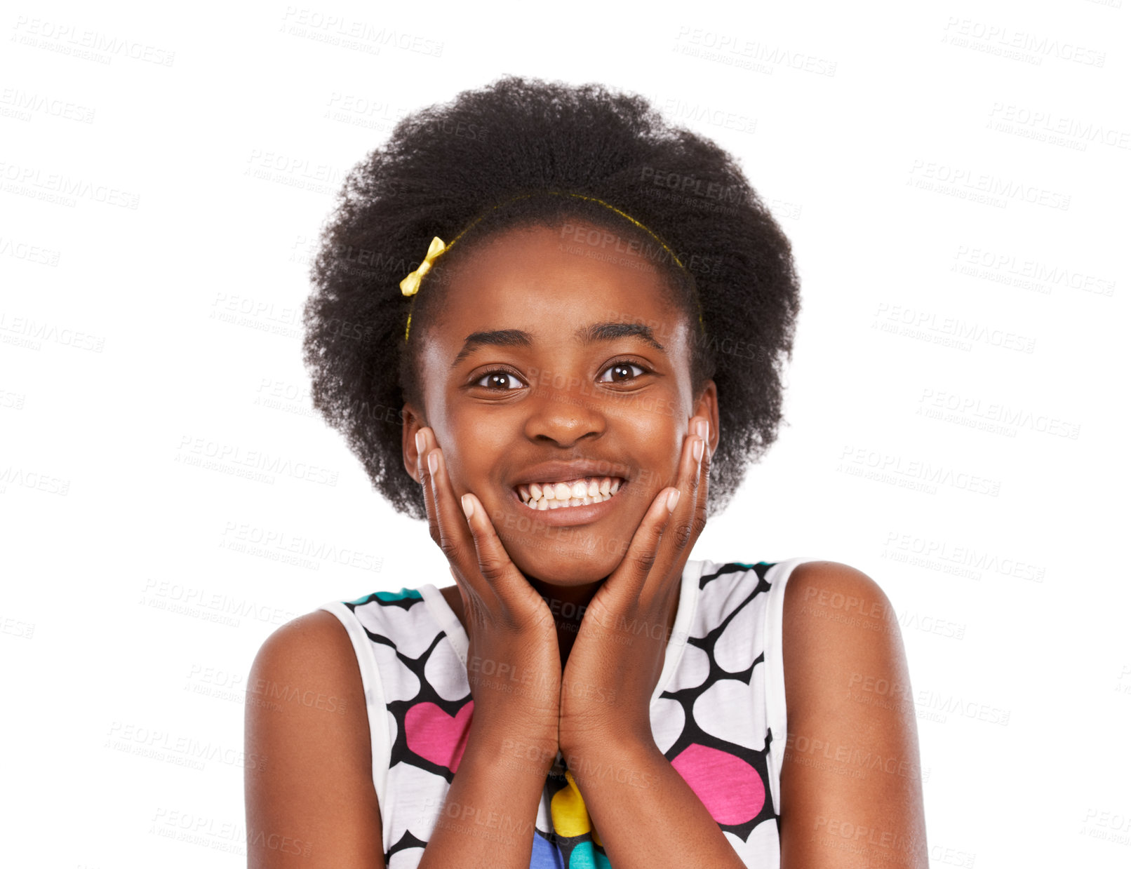 Buy stock photo Happy, portrait and young black girl in a studio with positive, good and confident attitude. Sweet, smile and headshot face of gen z African teenager with natural hair isolated by white background.