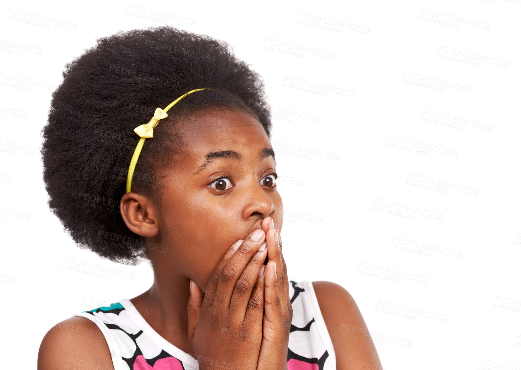 Buy stock photo Shock, worry and young black girl in a studio with wow, wtf or omg facial expression for bad news. Scared, fear and headshot of African teenager with surprise face isolated by white background.