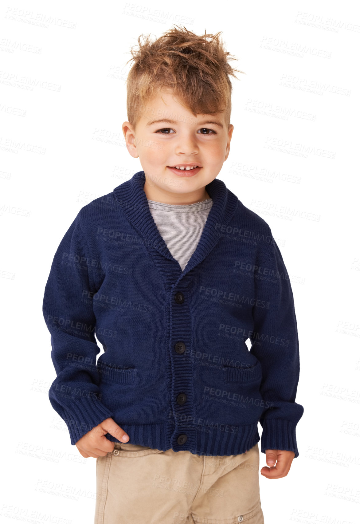 Buy stock photo Portrait, smile and cute young kid in studio isolated on a white background. Face, happy child and adorable boy in casual clothes, fashion and confident model, preschooler or schoolchild in Australia